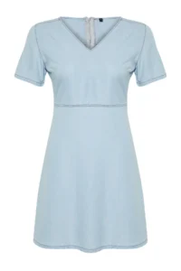 Trendyol Curve Light Blue V-neck Tencel Mini denim Dress - Image 7