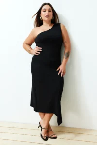 Trendyol Curve Black One Shoulder Asymmetric Knitting Dress - Image 2