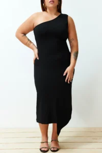 Trendyol Curve Black One Shoulder Asymmetric Knitting Dress - Image 3