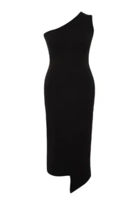 Trendyol Curve Black One Shoulder Asymmetric Knitting Dress - Image 7
