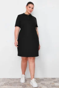 Trendyol Curve Black Polo Shirt Collar Mini Knitting Dress