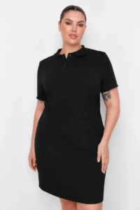 Trendyol Curve Black Polo Shirt Collar Mini Knitting Dress - Image 3