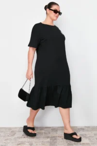 Trendyol Curve Black Ruffled Skirt Label Detailed 100% Cotton Knitting Plus Size T-Shirt Dress - Image 2