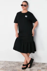 Trendyol Curve Black Ruffled Skirt Label Detailed 100% Cotton Knitting Plus Size T-Shirt Dress - Image 3