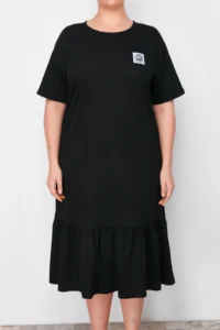 Trendyol Curve Black Ruffled Skirt Label Detailed 100% Cotton Knitting Plus Size T-Shirt Dress - Image 4