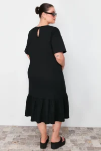 Trendyol Curve Black Ruffled Skirt Label Detailed 100% Cotton Knitting Plus Size T-Shirt Dress - Image 6