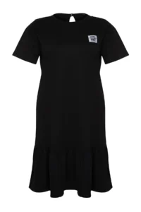 Trendyol Curve Black Ruffled Skirt Label Detailed 100% Cotton Knitting Plus Size T-Shirt Dress - Image 7