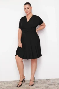 Trendyol Curve Black skater Waist Detailed Knitting Plus Size Dress - Image 4