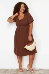 Trendyol Curve Brown Ruffle Detailed Midi Ribbed Knitting Dress