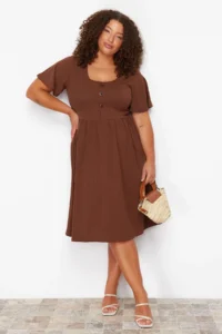 Trendyol Curve Brown Ruffle Detailed Midi Ribbed Knitting Dress - Image 2