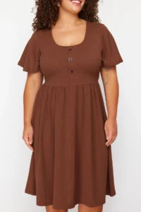 Trendyol Curve Brown Ruffle Detailed Midi Ribbed Knitting Dress - Image 3