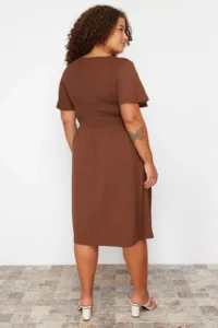 Trendyol Curve Brown Ruffle Detailed Midi Ribbed Knitting Dress - Image 5