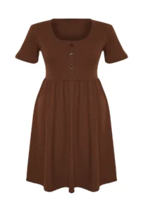Trendyol Curve Brown Ruffle Detailed Midi Ribbed Knitting Dress - Image 6