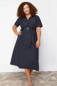 Trendyol Curve Navy Blue Belt Detailed Weaving Plus Size Dress