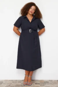 Trendyol Curve Navy Blue Belt Detailed Weaving Plus Size Dress - Image 2