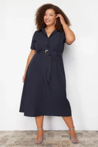 Trendyol Curve Navy Blue Belt Detailed Weaving Plus Size Dress - Image 3