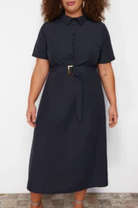 Trendyol Curve Navy Blue Belt Detailed Weaving Plus Size Dress - Image 5