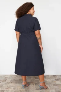 Trendyol Curve Navy Blue Belt Detailed Weaving Plus Size Dress - Image 6