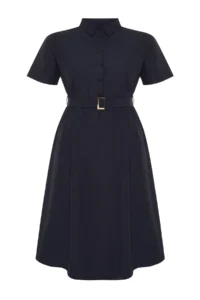 Trendyol Curve Navy Blue Belt Detailed Weaving Plus Size Dress - Image 7