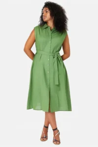 Trendyol Curve Mint Plus Size Beli Belted Weaving Shirt Dress