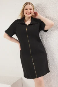 Trendyol Curve Black Front Zippered Middle Flexible denim Plus Size Dress - Image 2