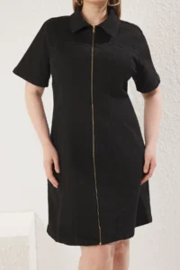 Trendyol Curve Black Front Zippered Middle Flexible denim Plus Size Dress - Image 3