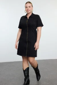 Trendyol Curve Black Front Zippered Middle Flexible denim Plus Size Dress - Image 6