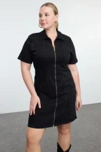 Trendyol Curve Black Front Zippered Middle Flexible denim Plus Size Dress - Image 7