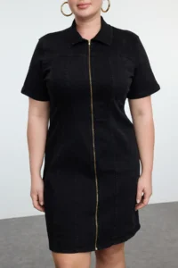 Trendyol Curve Black Front Zippered Middle Flexible denim Plus Size Dress - Image 8