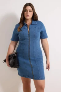 Trendyol Curve Mavi Front Zippered Middle Flexible denim Plus Size Dress
