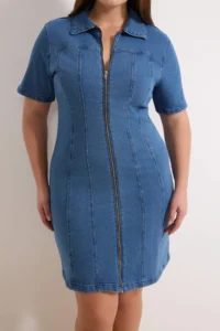 Trendyol Curve Mavi Front Zippered Middle Flexible denim Plus Size Dress - Image 3
