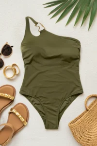 Trendyol Curve Green One Shoulder Accessory Detailed Plus Size Swimsuit