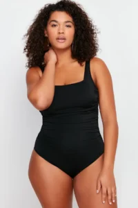 Trendyol Curve Black Square Neck Shirred Plus Size Swimsuit