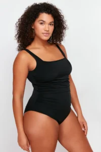 Trendyol Curve Black Square Neck Shirred Plus Size Swimsuit - Image 2