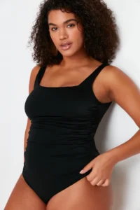 Trendyol Curve Black Square Neck Shirred Plus Size Swimsuit - Image 3