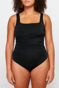 Trendyol Curve Black Square Neck Shirred Plus Size Swimsuit - Image 6