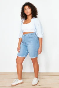 Trendyol Curve Mavi Hem Tassel Detailed Flexible skinny denim Shorts
