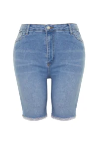 Trendyol Curve Mavi Hem Tassel Detailed Flexible skinny denim Shorts - Image 7