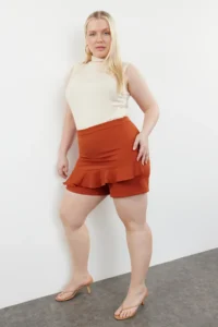 Trendyol Curve Brown High Waist Wide Leg Shorts-Skirt - Image 2