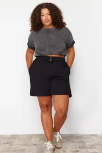 Trendyol Curve Black Button Detailed 100% Cotton Knitting Plus Size Shorts & Bermuda