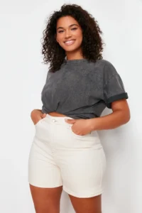 Trendyol Curve Ecru High Waist Mom Fit comfort/Middle Flexible denim Plus Size Shorts & Bermuda - Image 2