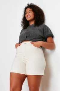 Trendyol Curve Ecru High Waist Mom Fit comfort/Middle Flexible denim Plus Size Shorts & Bermuda - Image 3