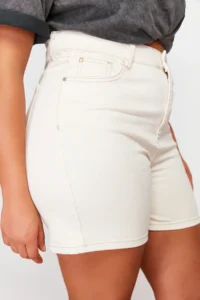Trendyol Curve Ecru High Waist Mom Fit comfort/Middle Flexible denim Plus Size Shorts & Bermuda - Image 4