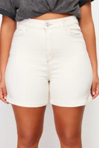 Trendyol Curve Ecru High Waist Mom Fit comfort/Middle Flexible denim Plus Size Shorts & Bermuda - Image 5