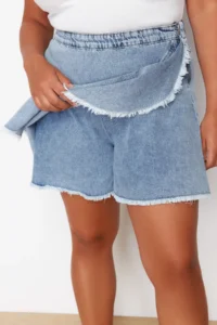 Trendyol Curve Light Blue Flywheel Detailed Mini Denim Shorts Skirt - Image 5
