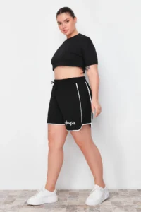 Trendyol Curve Black Slogan Printed Piping Detailed Knitting Plus Size Shorts & Bermuda - Image 2