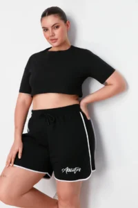 Trendyol Curve Black Slogan Printed Piping Detailed Knitting Plus Size Shorts & Bermuda - Image 3