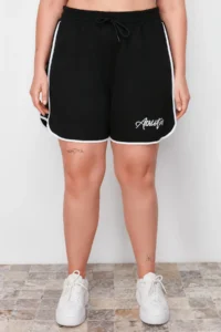 Trendyol Curve Black Slogan Printed Piping Detailed Knitting Plus Size Shorts & Bermuda - Image 4