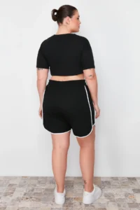 Trendyol Curve Black Slogan Printed Piping Detailed Knitting Plus Size Shorts & Bermuda - Image 6