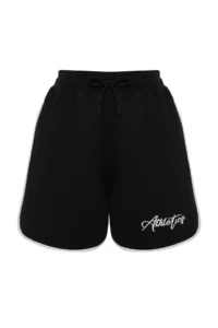 Trendyol Curve Black Slogan Printed Piping Detailed Knitting Plus Size Shorts & Bermuda - Image 7